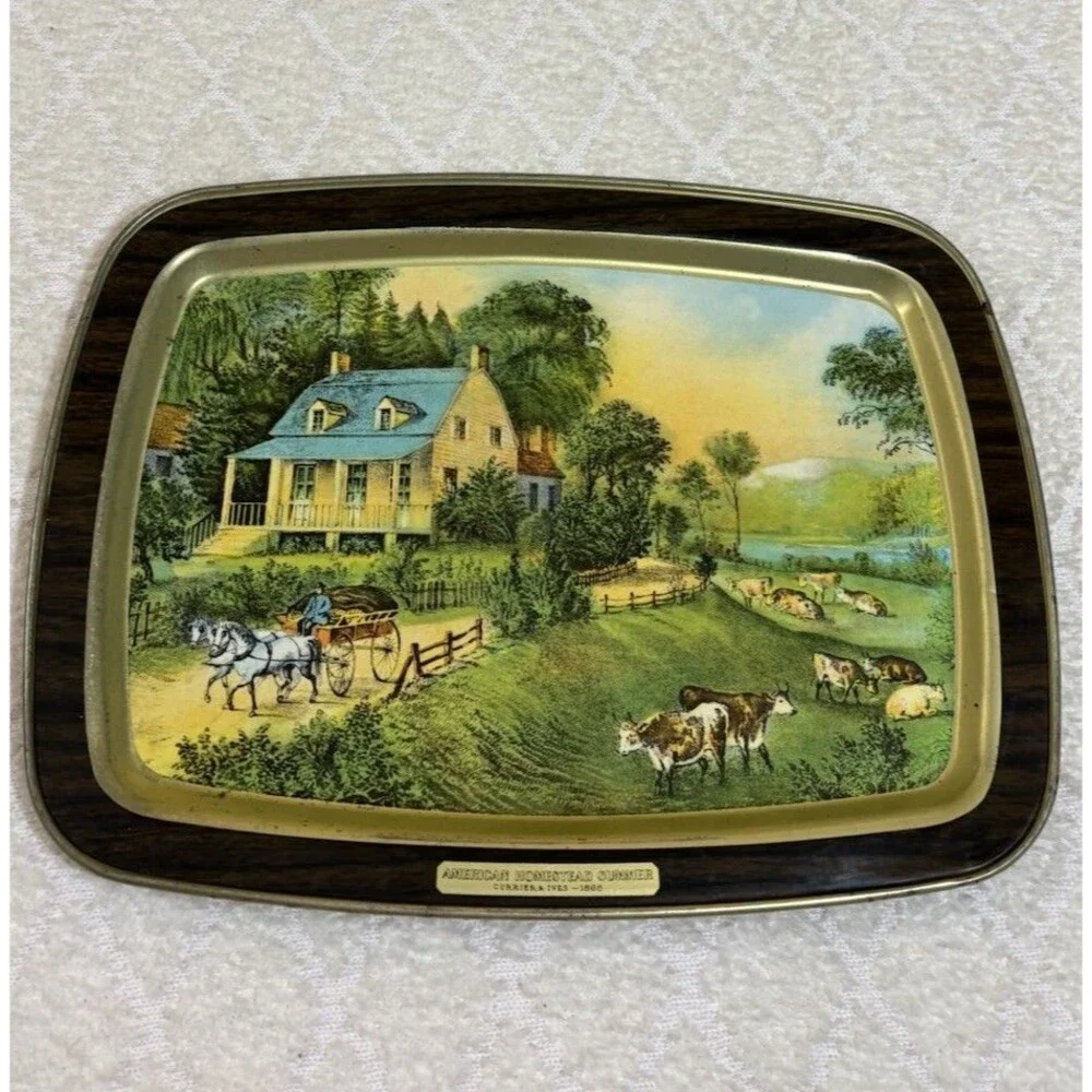 Vintage 70s Currier & Ives American Homestead Summer Scene Metal Tray